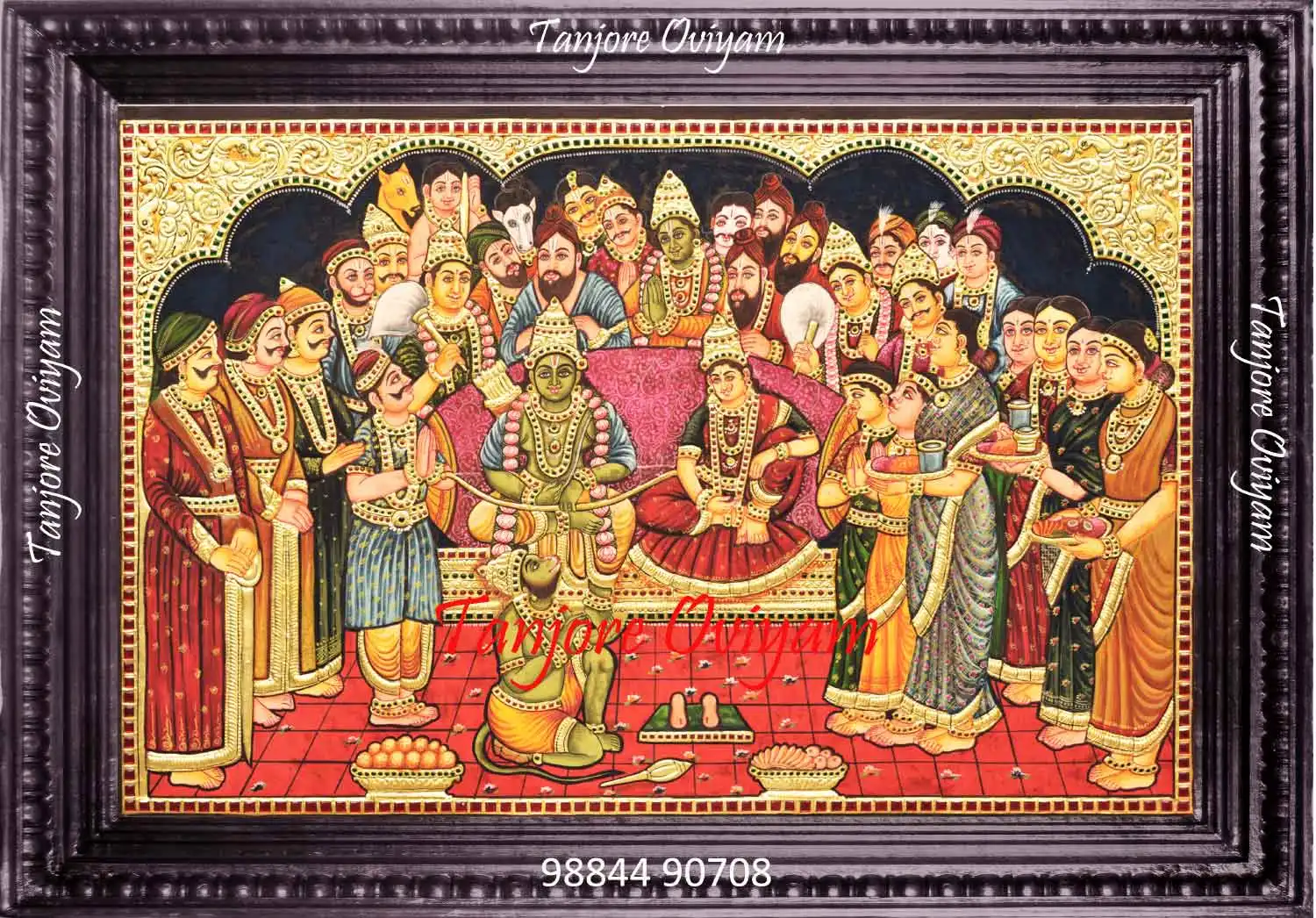  Handcrafted Ramar Pattabishegam Tanjore Painting featuring Lord Rama’s royal darbar coronation scene with Sita, Lakshmana, Bharata, Hanuman, and courtiers in vibrant Thanjavur style